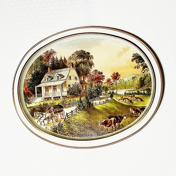 Set Of 4 Vintage Currier And Ives 1868 Oval Tin Metal Trays - Picture 5 of 14